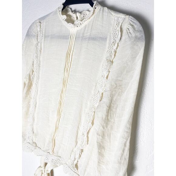 Sweet Wanderer Women's Cropped Sheer Beige Blouse Ruffle Whimsy Feminine Prairie - Picture 3 of 8